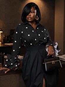 Slaydiva Women's Plus Size Polka Dot Bell Sleeve Blouse Fall - Black - View 10