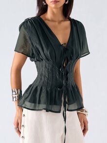 SHEIN EZwear 深綠色春夏純色領口百褶休閒百搭日常短袖大尺碼襯衫 - 墨綠色 - 查看 5