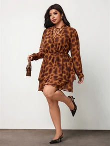 Enliva Plus Size Women's Printed Mini Dress V Neck Long Sleeve Ruffle Hem Flowy Dress Flattering Compatible With Apple Shape - Brown - View 7