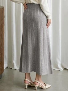 Modelyn Women's Pleated High Waist Slimming Knit Skirt, Autumn/Winter - Grey - View 3
