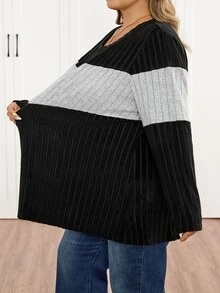 SHEIN CURVE+ Contrast Color Round Neck Ribbed Long Sleeve Casual T-Shirt, Autumn/Winter Contrast Knit Ribbed Top, Suitable For Plus Size 5XL-8XL - Multicolor - View 6