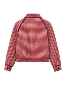 Nöista Women's Jacket With Checks Fabric. Oriental Buttons On The Planket For Closing In Contrast Color, Perfect For Fall Winter, Casual, Cute - Red - View 9