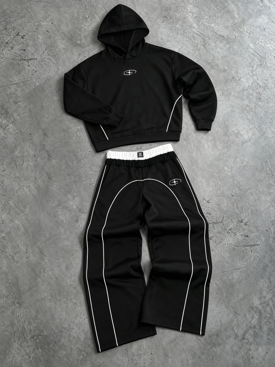 Coolqubz 2pcs Men's Teenager Spring Autumn Street Style Small Print Pattern Hooded Pullover Sweatshirt & Knit Wide Leg Pants Set, Double Waist Design, Suitable For Street Sports Look, Versatile For Multiple Seasons - Multicolor - View 1