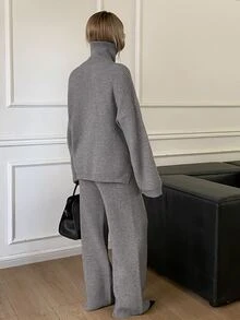DAZY 女款羅紋拉鍊半開襟翻領長袖針織衫與休閒寬鬆長褲兩件套 冬季 - 灰色 - 查看 2