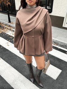 Vionelle Plus Size Elegant Sexy Faux Fur Cuff Overcoat Solid Color Long Sleeve Open Front Jacket Fall Office Formal Brown Winter - Brown - View 6