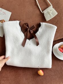 Genkimix Kids 女童粗針編織短版長袖毛衣 秋冬款，V領波浪荷葉邊下擺喇叭袖設計，時尚套頭衫 - 彩色 - 查看 6