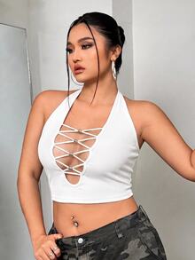 SHEIN ICON 大尺碼女款純色修身掛脖上衣，適合日常穿著 - 白色 - 查看 4