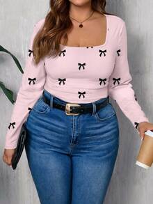 Rosumi Casual Minimalist Plus Size Square Neck T-Shirt With Bow Print Pattern - Multicolor - View 3