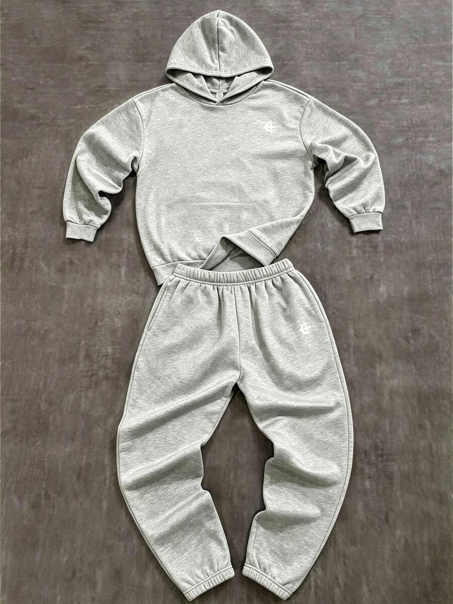 SHEIN 兒童青少年男童 2 件組新款休閒時尚極簡星星圖案運動風灰色連帽衛衣與喇叭褲套裝，適合秋冬、學校、家庭聚會、開學季、生日派對、拍照、度假、假日，運動舒適