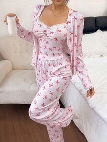 Napfluff Bow Print Striped Loungewear, Lace Trim Camisole Cardigan 3 Pieces Pajama Set - Pink - View 7