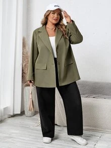 SHEIN CURVE+ 大尺碼女款素色翻領長袖西裝外套 - 軍綠色 - 查看 7