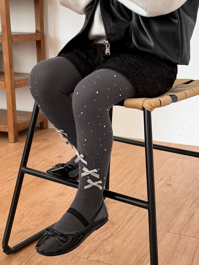 DAZY Young Girl) Fitted Bow Decor Cute Colorblock Rhinestone Embellished Leggings Base Layer Autumn Winter