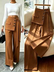 Balvessa Women's Solid Color Casual Versatile Daily Wear Long Pants Fall/Winter - Brown - View 6