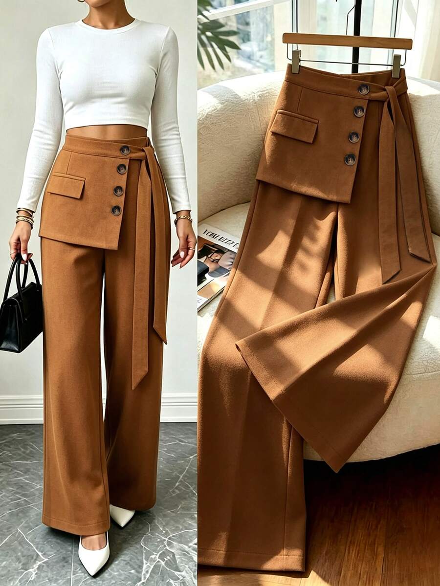 Balvessa Women's Solid Color Casual Versatile Daily Wear Long Pants Fall/Winter - Brown - View 1