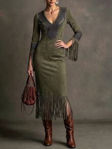 LUMIGAL Women's Printed V-Neck Tassel Cuff Elegant Vintage Dress - Olive Green - View 3