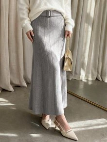 Modelyn Women's Pleated High Waist Slimming Knit Skirt, Autumn/Winter - Grey - View 5