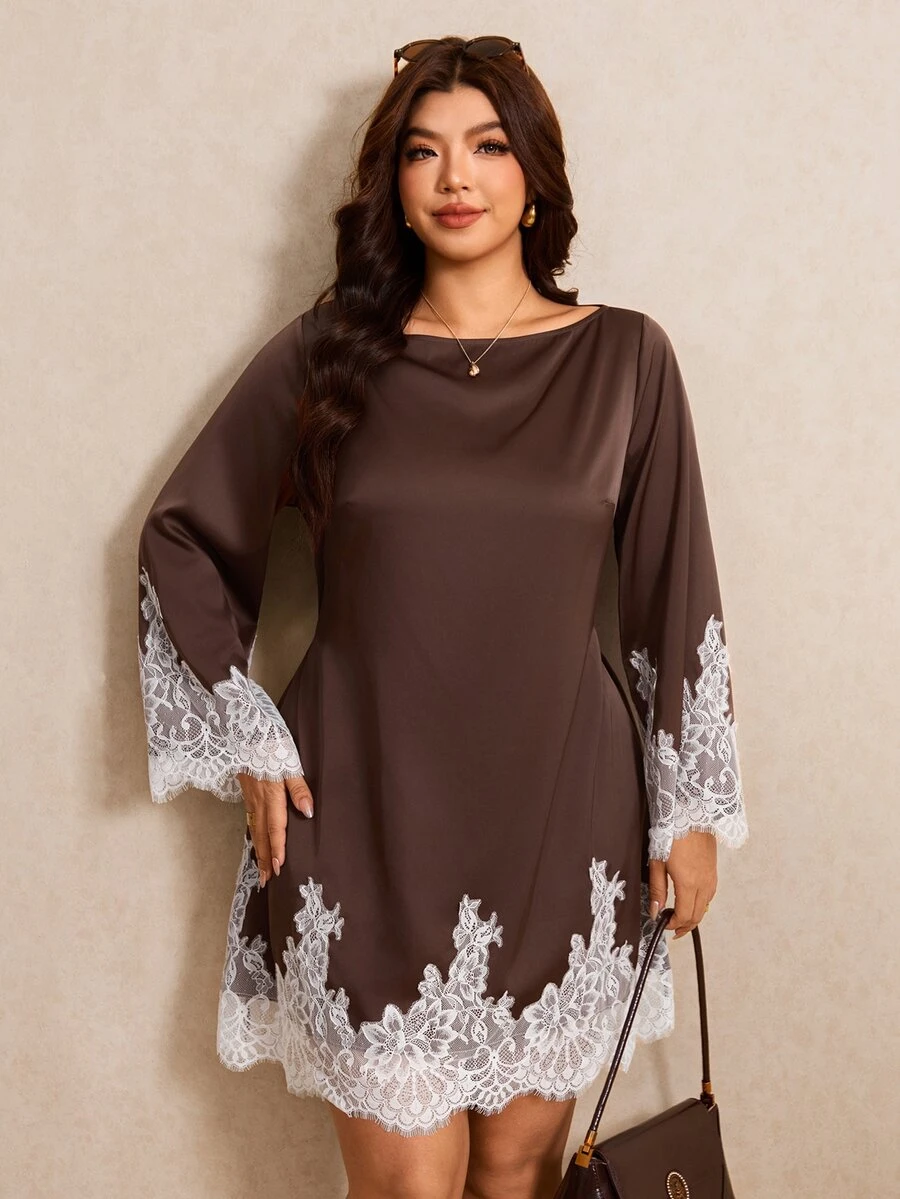Elaquor Plus Size Women's Contrast Lace Long Sleeve Loose Elegant Dress - Coffee Brown - View 1
