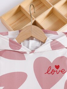 SHEIN Playful Pals 女童愛心印花連帽上衣與羅紋內搭褲兩件套，甜美愛心印花休閒日常穿搭 - 粉色 - 查看 5