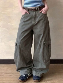DAZY Army Green High-Waist Side Flap Large Pocket Loose Wide Leg Cargo Casual Pants For Women - Army Green - View 5