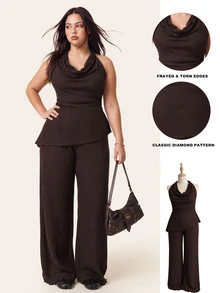 Comfortcana Women's Plus Size Draped Neck Backless Cowl Neck Asymmetrical Hem Waist-Cinching Tank Top And Loose Straight Leg Pants 2 Pieces Set - Brown - View 8