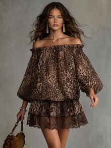 Solivie Women's Autumn Off-Shoulder Leopard Print Short Dress Coffee Color - Coffee - View 1