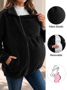 SHEIN Maternity 3-In-1 Casual Long Sleeve Stand Collar Side Zipper Removable Design Loose Black Fleece Jacket - Black - View 7