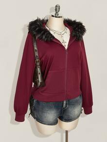 SHEIN ICON Plus Size Women Y2K Retro Fur Collar Patchwork Regular Sweatshirt Jacket With Pocket - Burgundy - View 4