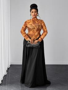 Maweii Plus Size Orange Mesh Patchwork Fitted Long Sleeve Waist-Cinching Dress For Women - Orange - View 3