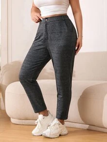SHEIN CURVE+ 大尺碼女款優雅修身長褲 春夏秋季 - 深灰色 - 查看 7