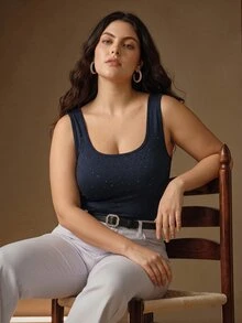 Anewsta Plus Size Spring Summer Seamless Rhinestone Elegant Versatile Women's Tank Top - Blue - View 5