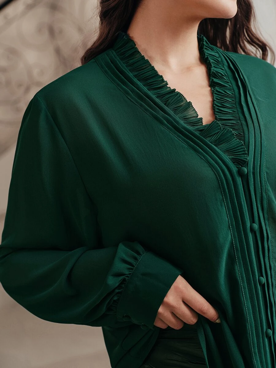 Anewsta French Style Elegant Ruffle Trim V-Neck Design Fashionable Plus Size Women Blouse - Green - View 1