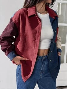 SHEIN EZwear Women's Plus Size Colorblock Patchwork Long Sleeve Shirt Fall - Burgundy - View 7
