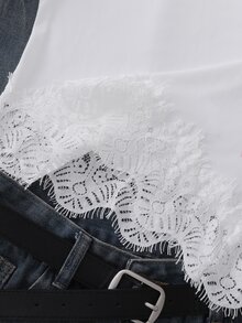 青少年女孩 1件裝優雅不對稱蕾絲飾邊長袖上衣，休閒春秋穿搭。 - 黑色 - 查看 3