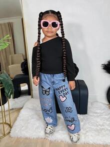 SHEIN Kids SLAYR Young Girl Young Girls Street Fashion Black Asymmetrical Shoulder Sweatshirt & Denim Effect Loose Pants Set - Blue - View 5