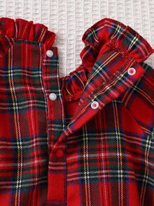 SHEIN Vintaside Kids 幼童女童聖誕格紋荷葉邊裙擺長袖蘇格蘭格子派對公主裙，附紅色格紋蝴蝶結，秋冬可愛復古風 - 紅色 - 查看 6