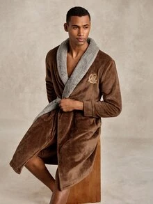 EverLounge Men's Autumn/Winter Minimalist Basic Fashion Comfortable British Style Embroidered Red Brown Flannel Contrast Dark Grey Double-Sided Fleece Shawl Collar Long Home Wear Robe Coat - Brown - View 7