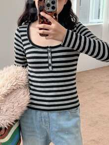 DAZY 女童休閒條紋修身短袖T恤上衣（大號） - 黑色 - 查看 2