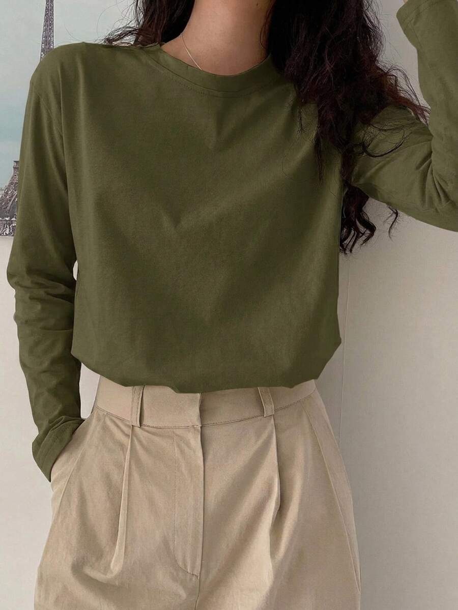 DAZY 女款素色百搭圓領長袖極簡風T恤 - 綠色 - 查看 1