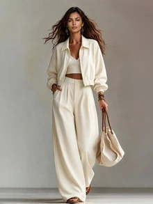 Balvessa Women's 2 Pieces Set, Women's Daily Commute Casual 2 Pieces Set, Solid Color Outfit, Jacket 2 Pieces Set, Women's Elegant 2 Pieces Set - Apricot - View 3