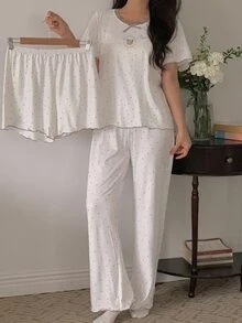 DAZY Bộ đồ ngủ nữ 2 món áo cổ tròn tay ngắn họa tiết chấm bi đính nơ và quần - trắng - Xem 11