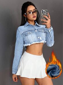 Jeanoix 女款毛邊下擺 3D鈕扣裝飾牛仔短版時尚百搭水洗夾克 - 淺色水洗藍 - 查看 5