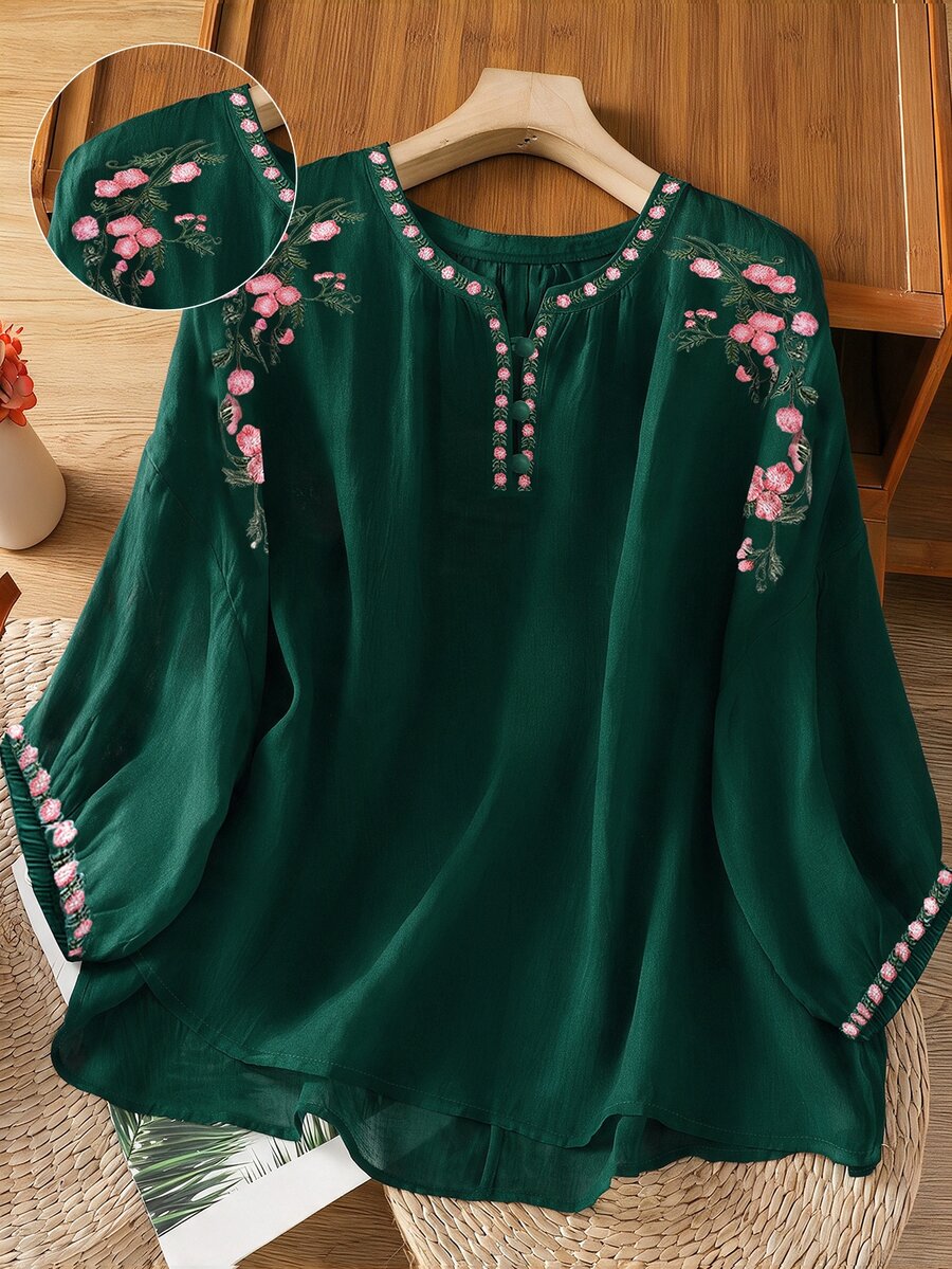 EMERY ROSE 大尺碼重工刺繡舒適亞麻中袖襯衫 - 墨綠色 - 查看 1