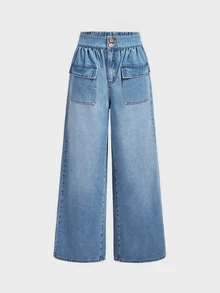 LUMIGAL Plus Size Women's Loose Wide Leg Casual Denim Jeans With Pockets - Blue - View 6