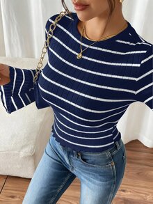 SHEIN Frenchy 女款休閒條紋喇叭袖T恤 - 藏蓝色 - 查看 6