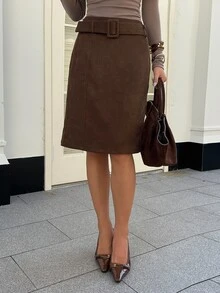 DAZY Autumn/Winter Brown Suede Belt Decor Bodycon Mid-Length Elegant Commute Office Date Women's Skirt - Brown - View 3