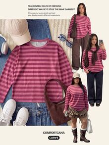 Comfortcana Plus Size Korean Style Minimalist Striped Colorblock Long Sleeve Crew Neck T-Shirt - Watermelon Pink - View 10