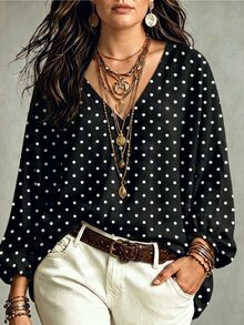 Glimmora Women's Autumn/Winter New Hot-Selling Polka Dot Print Pattern Casual Versatile Plus Size T-Shirt - Multicolor - View 1