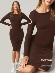 SHEIN BASICS 純色貼身中長洋裝，商務休閒女款／優雅夏季女裝套裝 - 咖啡 - 查看 1