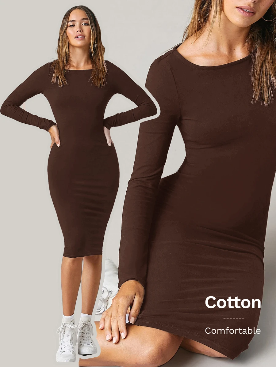 SHEIN BASICS 純色貼身中長洋裝,商務休閒女款/優雅夏季女裝套裝 - 咖啡 - 查看 1