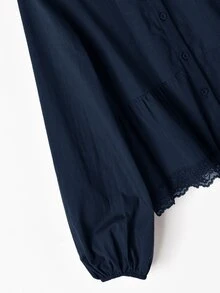 Rusticease Blus Wanita Warna Polos Leher Bulat Lengan Panjang Kancing Tunggal dengan Hem Berkerut untuk Kantor Warna Biru Tua Musim Gugur Elegan Kasual - Navy Blue - View 5